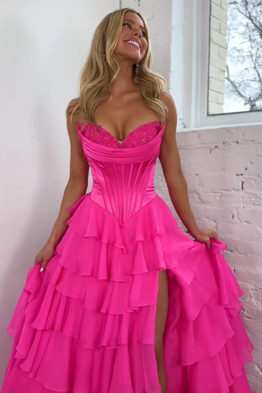 Long Corset Prom Dress in Fuchsia with Sweetheart Neckline and Ruffled Chiffon Slit