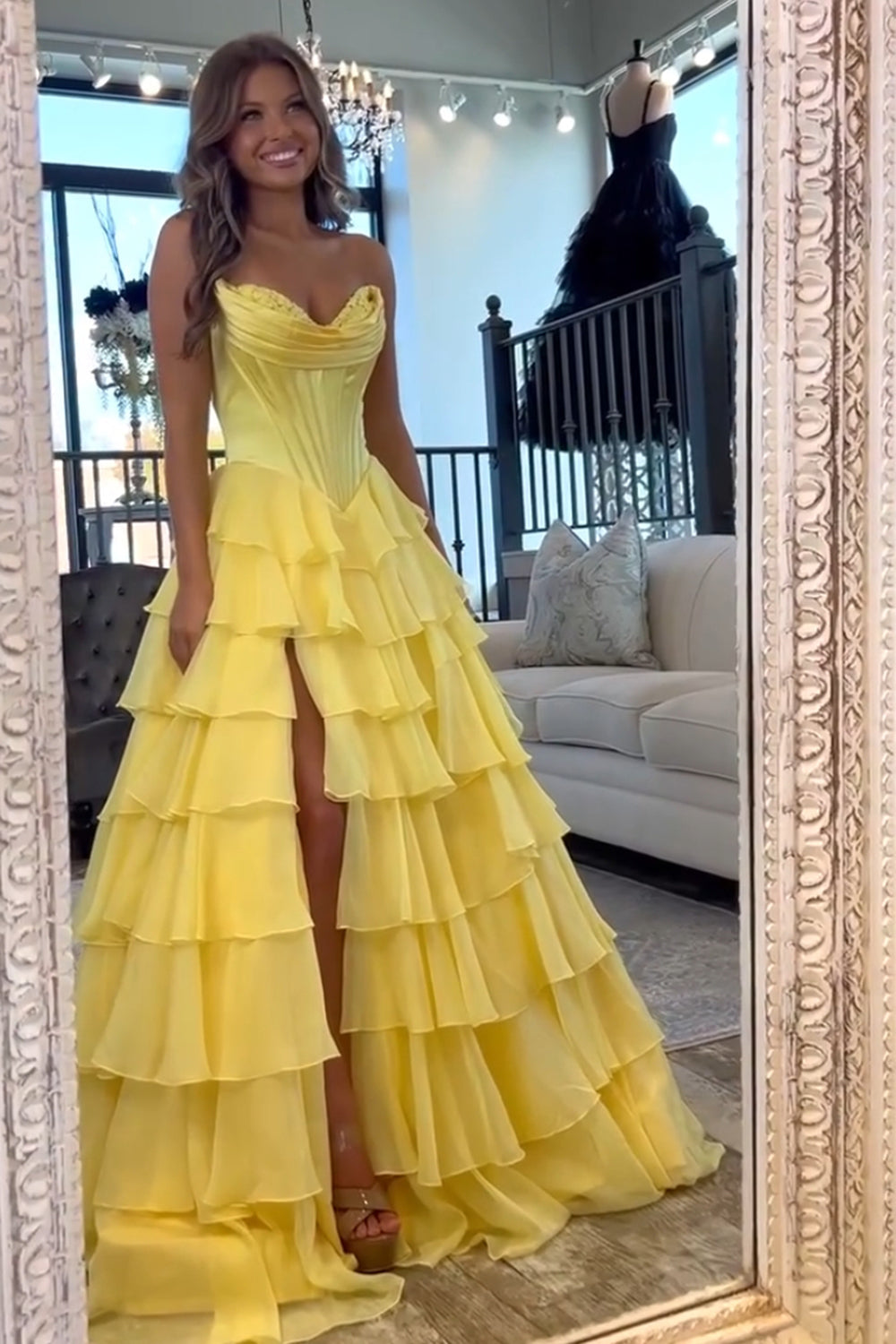 Long Corset Prom Dress in Fuchsia with Sweetheart Neckline and Ruffled Chiffon Slit