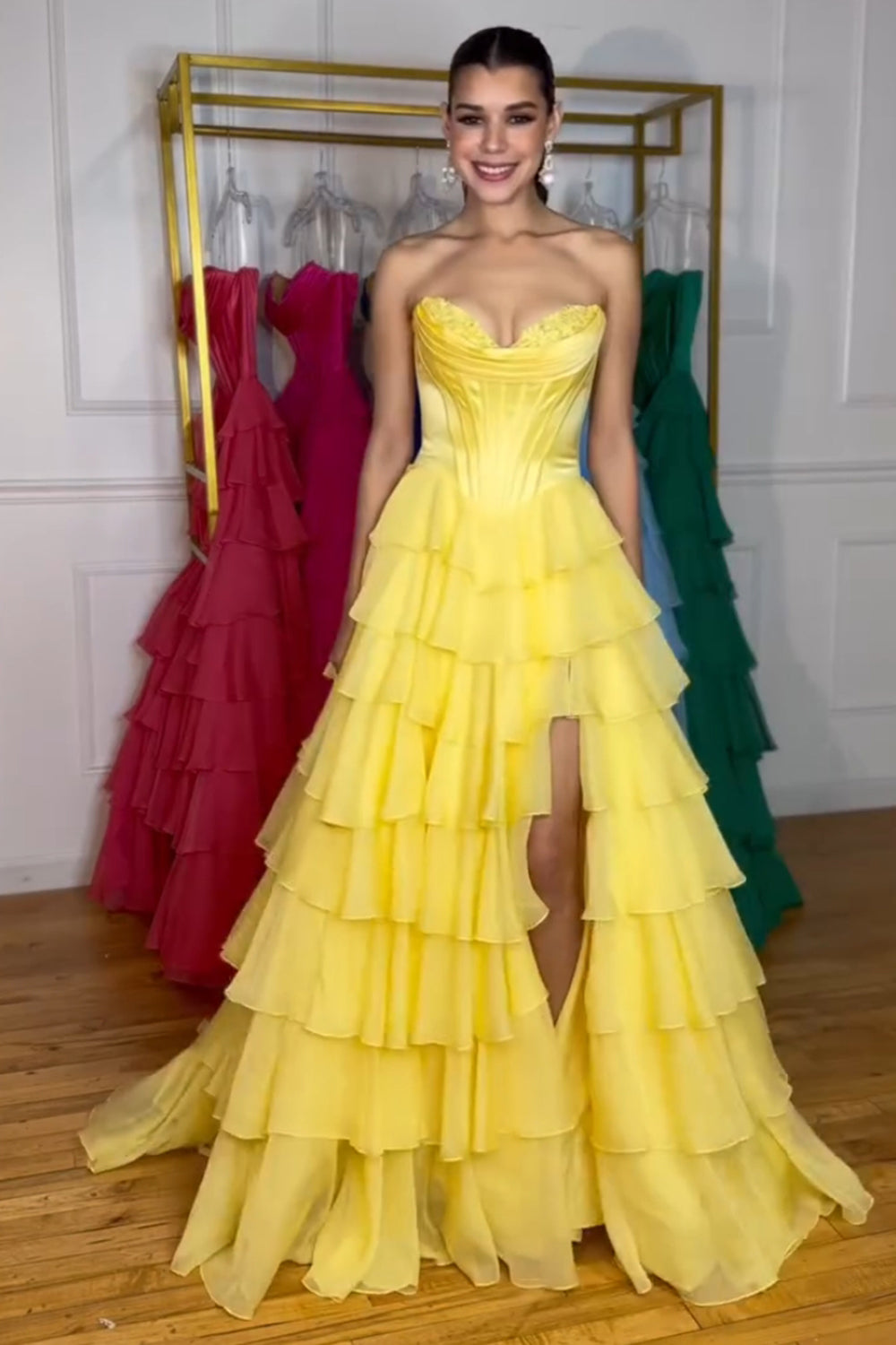 Long Corset Prom Dress in Fuchsia with Sweetheart Neckline and Ruffled Chiffon Slit