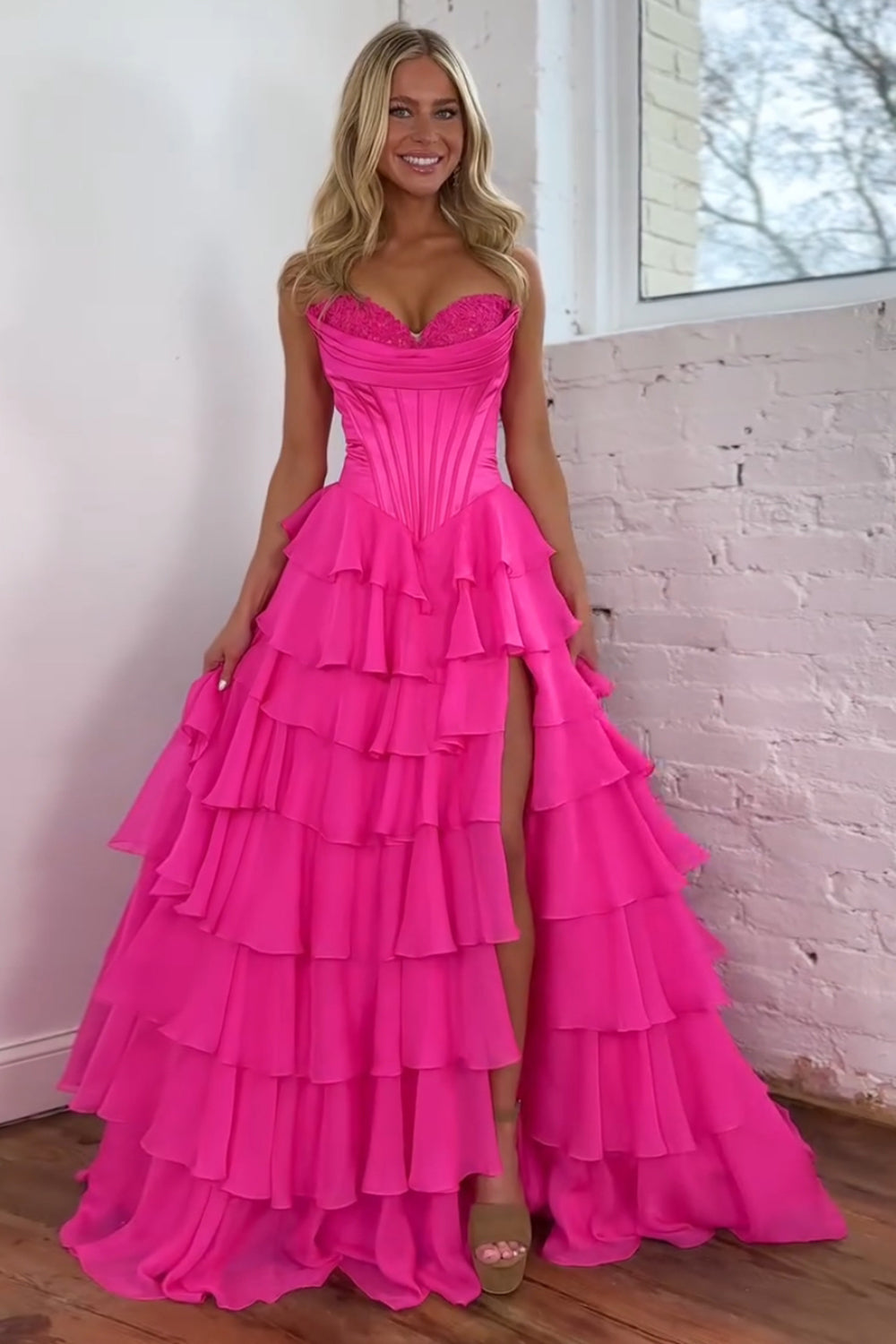 Long Corset Prom Dress in Fuchsia with Sweetheart Neckline and Ruffled Chiffon Slit