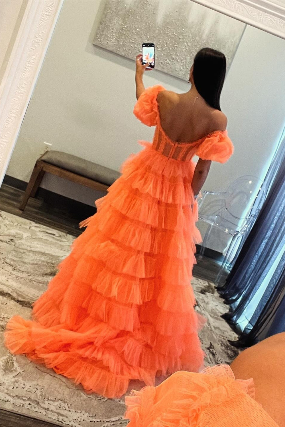 Long Corset Prom Dress in Orange with Off-Shoulder Design A-Line Tulle Tiered Skirt and Slit