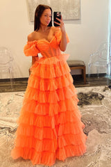 Long Corset Prom Dress in Orange with Off-Shoulder Design A-Line Tulle Tiered Skirt and Slit
