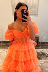 Long Corset Prom Dress in Orange with Off-Shoulder Design A-Line Tulle Tiered Skirt and Slit