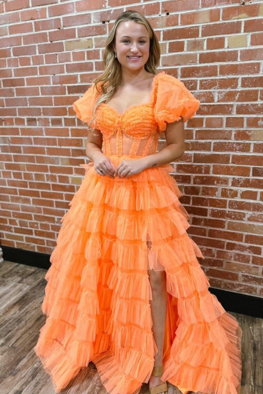Long Corset Prom Dress in Orange with Off-Shoulder Design A-Line Tulle Tiered Skirt and Slit