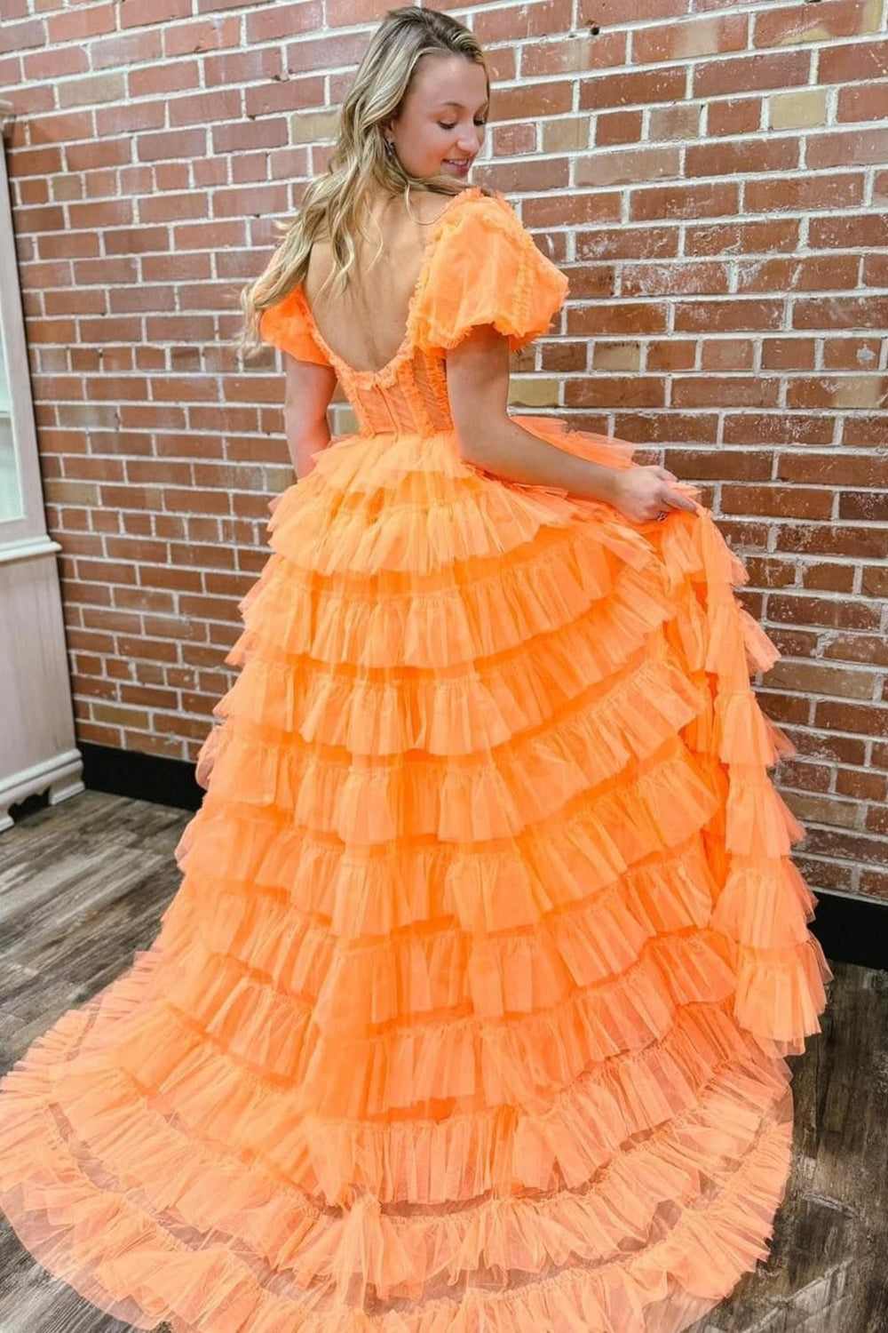 Long Corset Prom Dress in Orange with Off-Shoulder Design A-Line Tulle Tiered Skirt and Slit