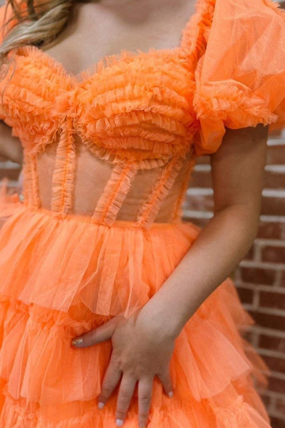 Long Corset Prom Dress in Orange with Off-Shoulder Design A-Line Tulle Tiered Skirt and Slit