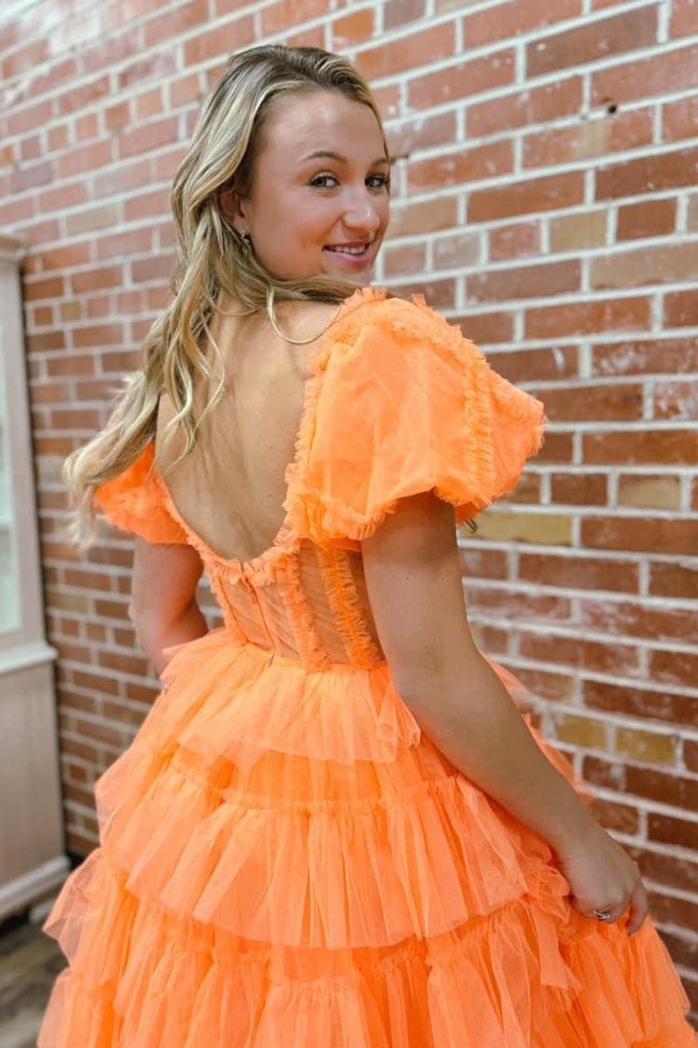 Long Corset Prom Dress in Orange with Off-Shoulder Design A-Line Tulle Tiered Skirt and Slit