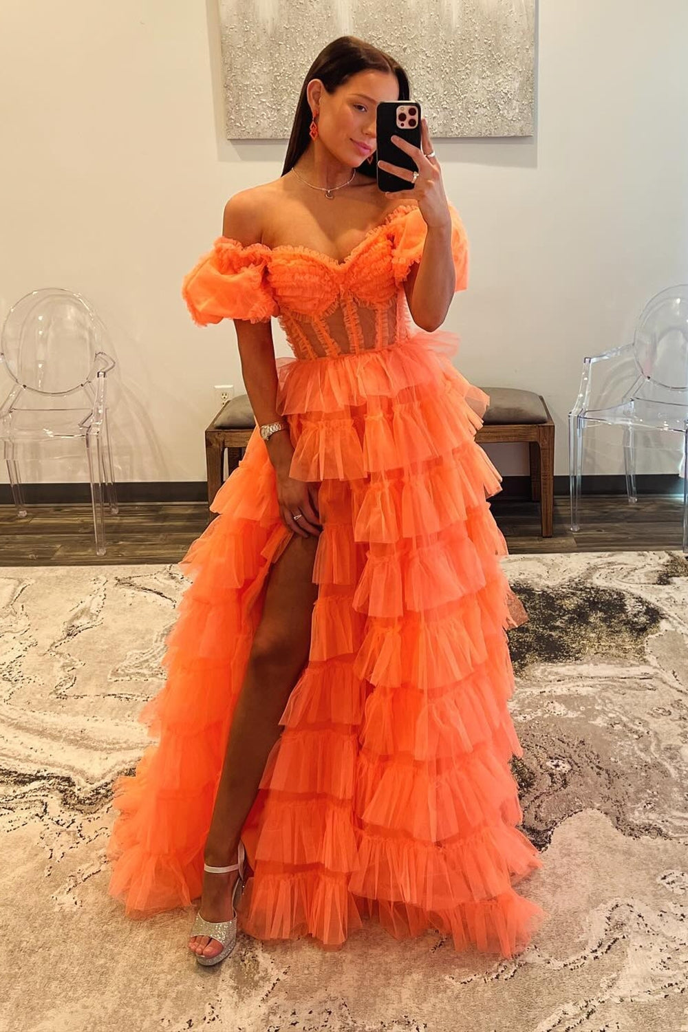 Long Corset Prom Dress in Orange with Off-Shoulder Design A-Line Tulle Tiered Skirt and Slit