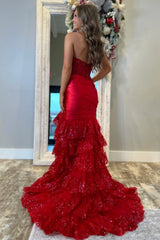 Long Corset Prom Dress in Red with Sweetheart Mermaid Cut Tulle Ruffles and Sequin Appliques