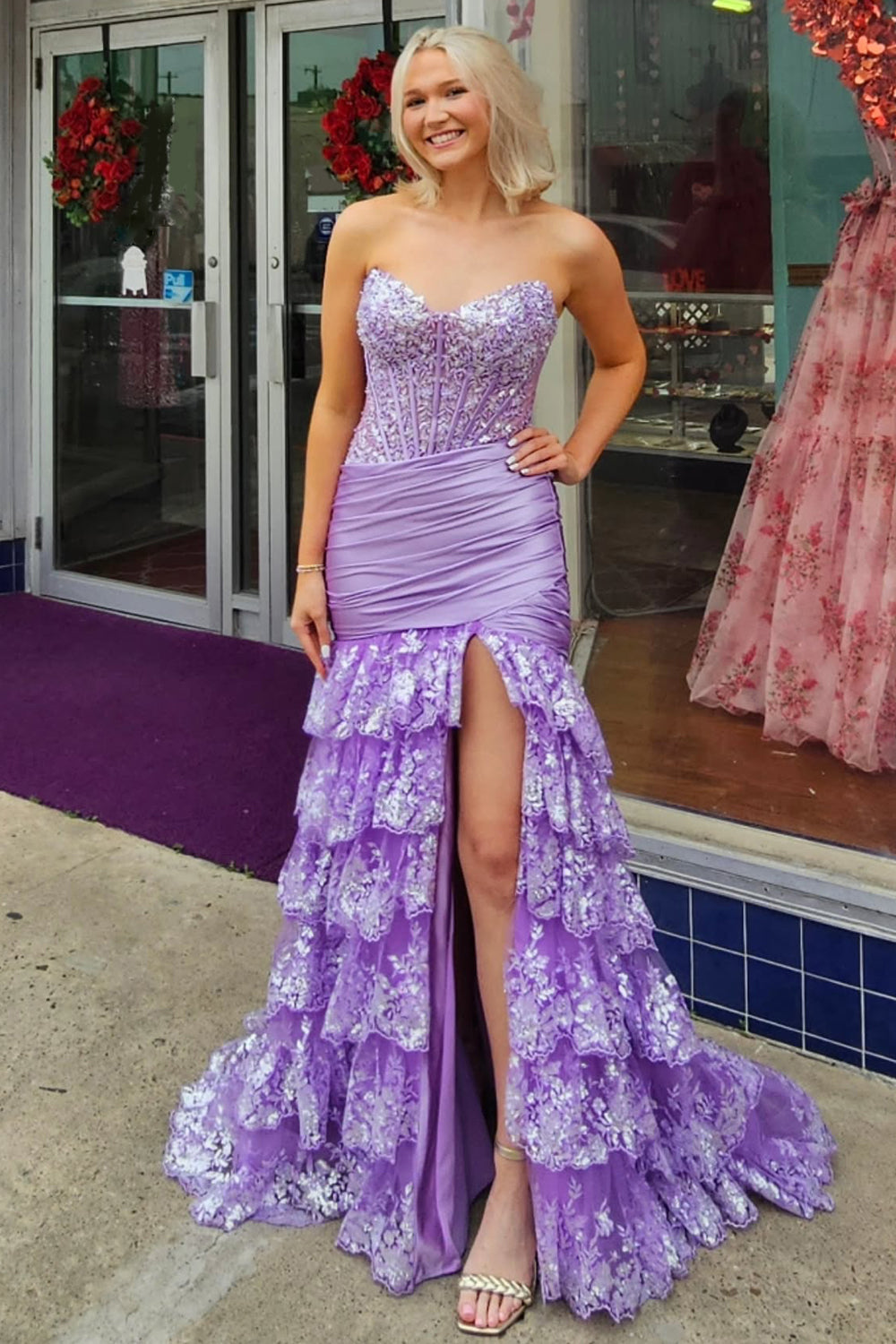 Long Corset Prom Dress in Red with Sweetheart Mermaid Cut Tulle Ruffles and Sequin Appliques