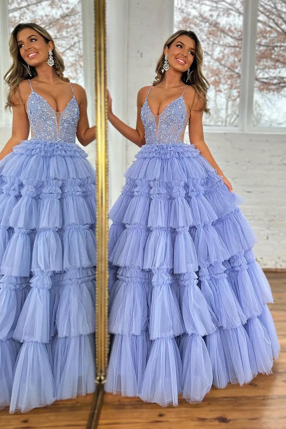 Long Corset Prom Dress with Lilac Princess Spaghetti Straps and Tiered Tulle Appliques