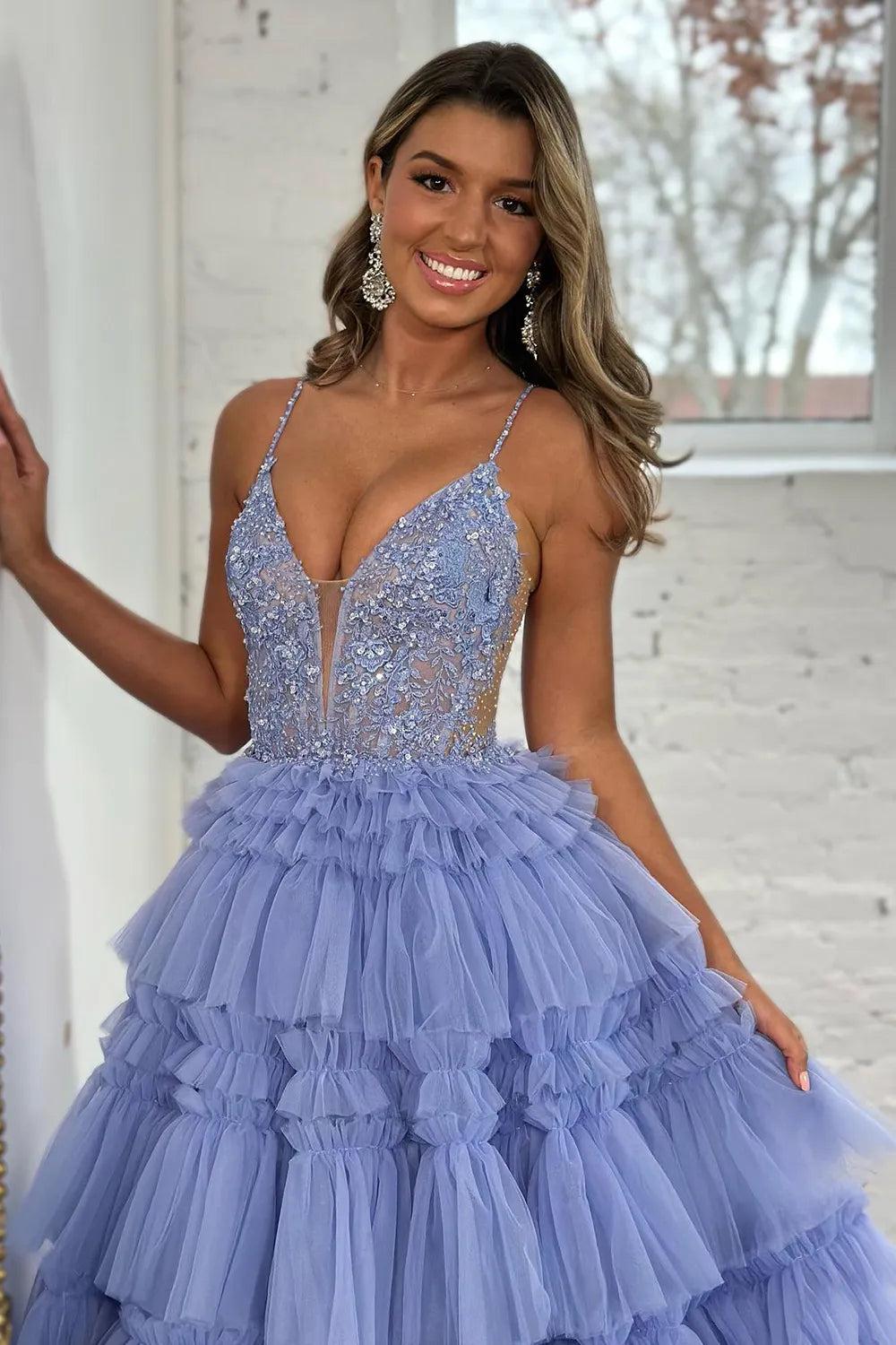 Long Corset Prom Dress with Lilac Princess Spaghetti Straps and Tiered Tulle Appliques Long Corset Prom Dress with Lilac Princess Spaghetti Straps and Tiered Tulle Appliques