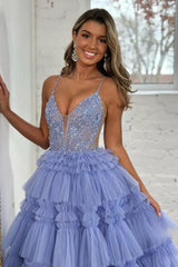 Long Corset Prom Dress with Lilac Princess Spaghetti Straps and Tiered Tulle Appliques