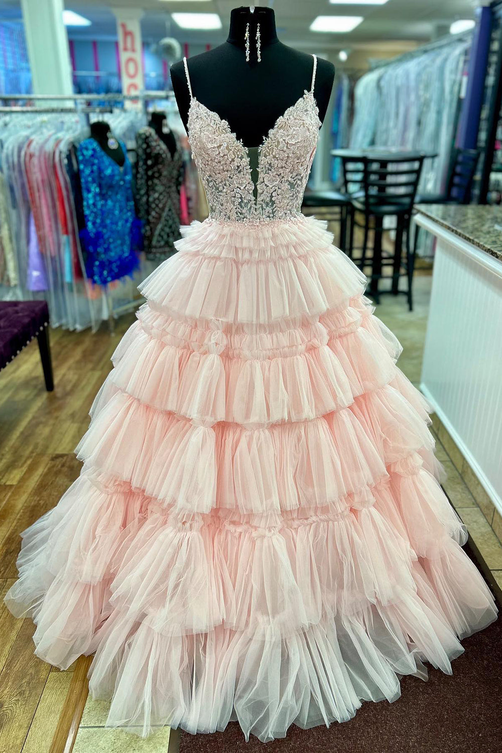 Long Corset Prom Dress with Lilac Princess Spaghetti Straps and Tiered Tulle Appliques