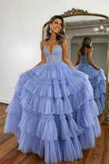 Long Corset Prom Dress with Lilac Princess Spaghetti Straps and Tiered Tulle Appliques