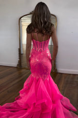 Long Corset Prom Dress with Sparkly Fuchsia Sequins and Spaghetti Straps in Mermaid Style