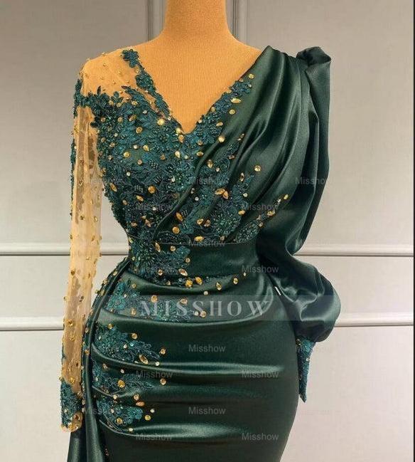 Long Dark Green Elegant Mermaid Prom Evening Dresses with Sleeves misshow.com Long Dark Green Elegant Mermaid Prom Evening Dresses with Sleeves misshow.com