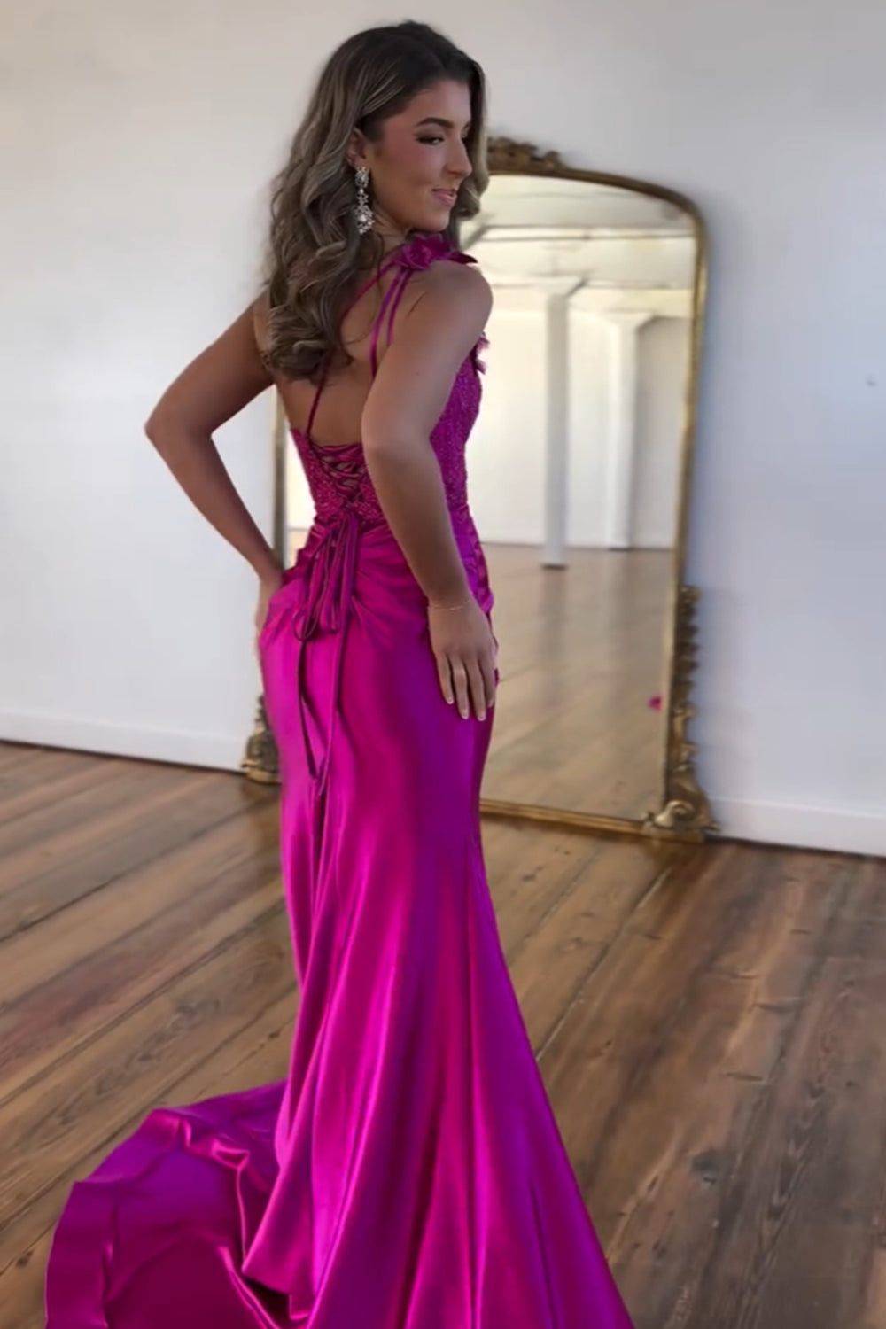 Long Fuchsia Mermaid Prom Dress with One Shoulder Corset and Appliques