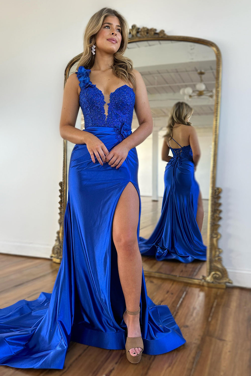 Long Fuchsia Mermaid Prom Dress with One Shoulder Corset and Appliques