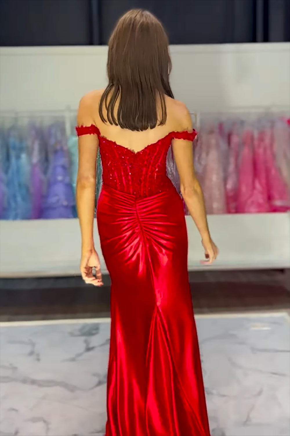 Long Fuchsia Satin Corset Prom Dress with Lace Off-the-Shoulder