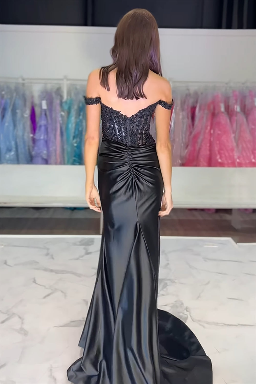 Long Fuchsia Satin Corset Prom Dress with Lace Off-the-Shoulder