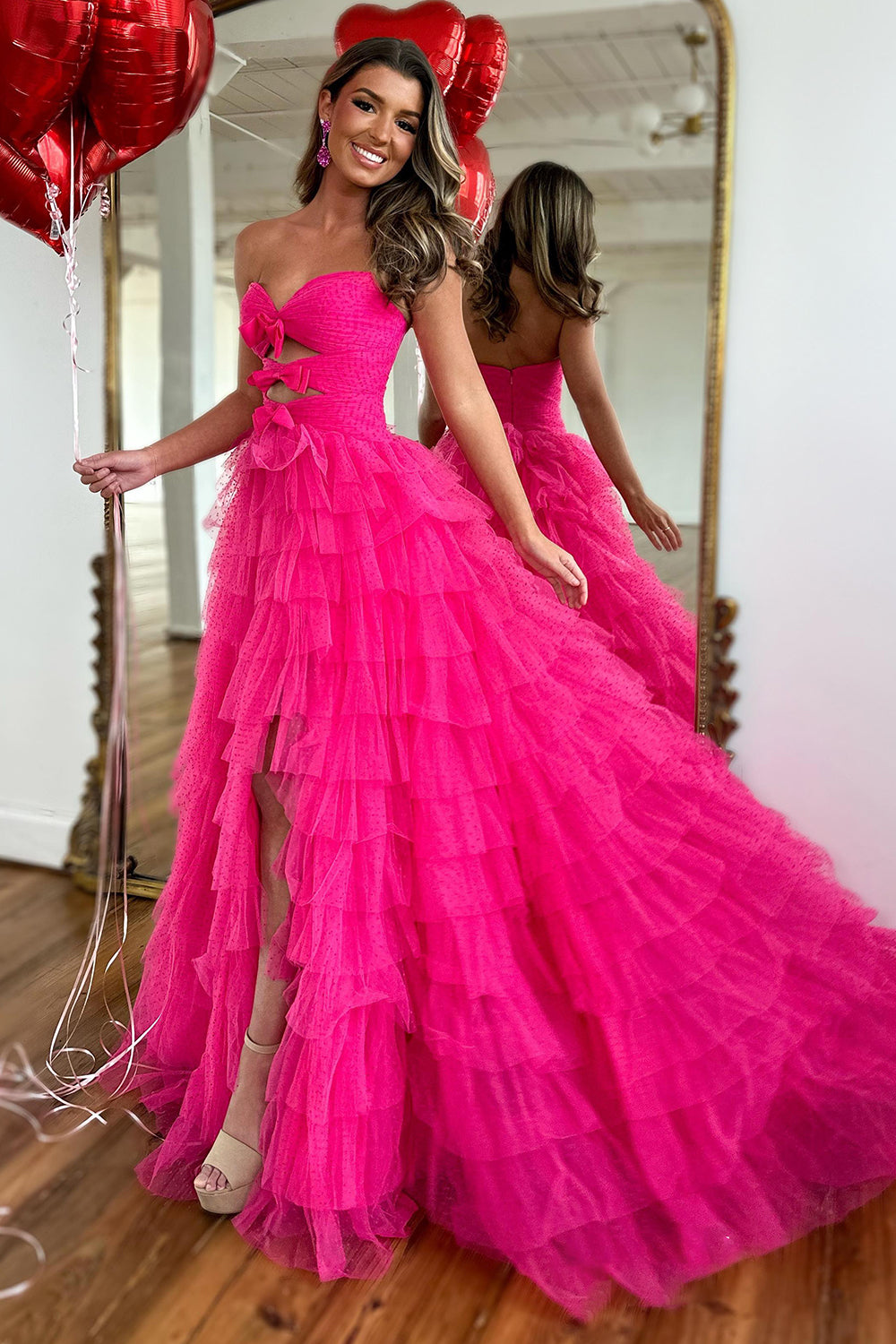Long Fuchsia Sweetheart Prom Dress in Tiered A-Line Tulle with Slit