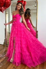 Long Fuchsia Sweetheart Prom Dress in Tiered A-Line Tulle with Slit