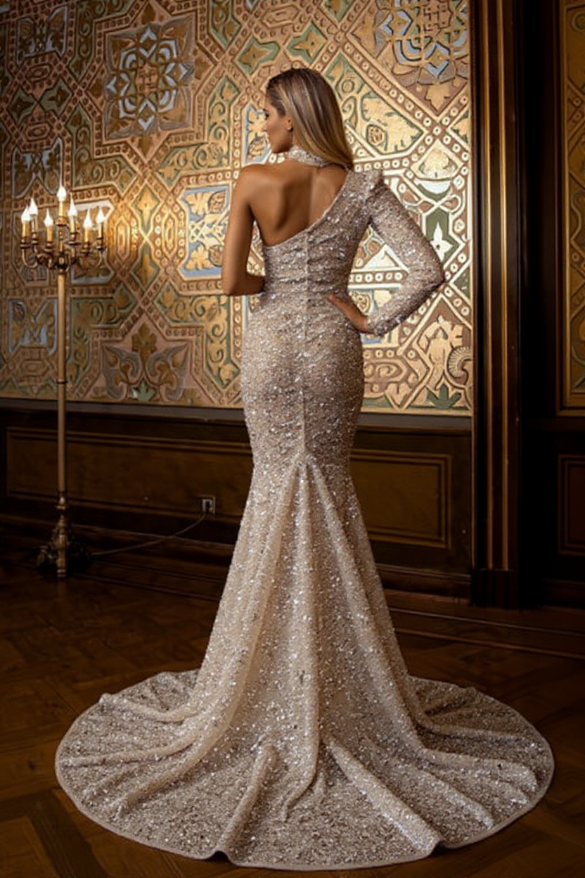 Long Glitter One Shoulder Split Long Sleeves Prom Evening Dresses with Sleeves Long Glitter One Shoulder Split Long Sleeves Prom Evening Dresses with Sleeves