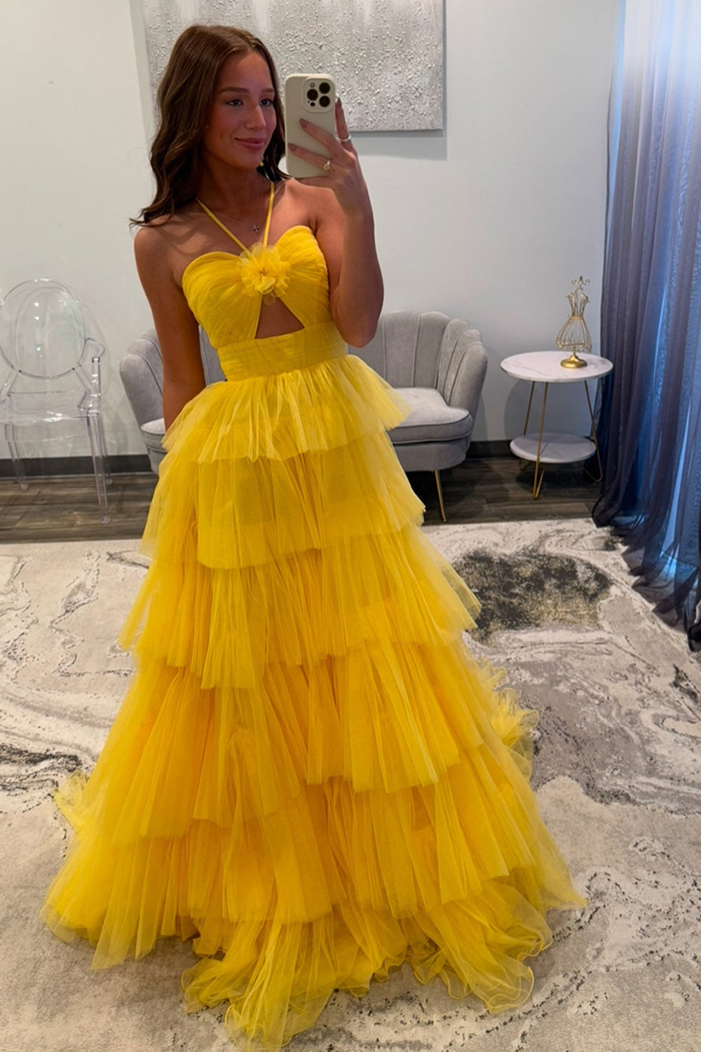 Long Halter Prom Dress in Yellow with Tiered A-Line Tulle