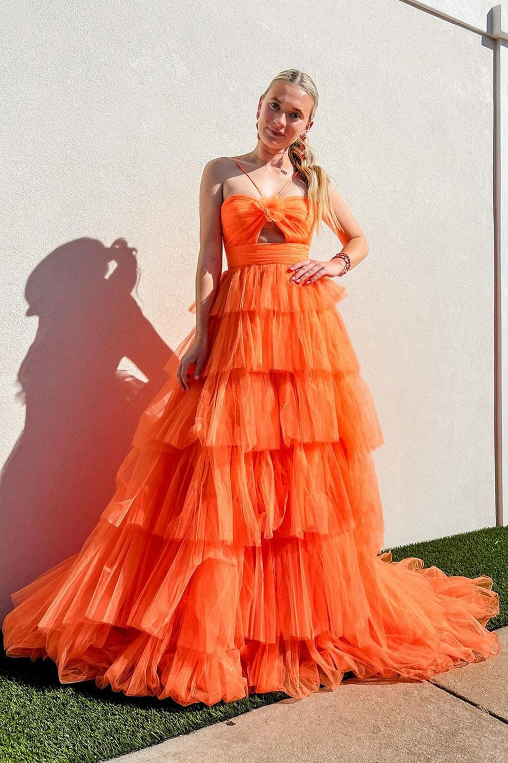 Long Halter Prom Dress in Yellow with Tiered A-Line Tulle