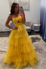 Long Halter Prom Dress in Yellow with Tiered A-Line Tulle