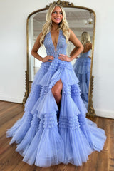 Long Lavender Corset Prom Dress with Halter Neck A-Line Tulle Tiered Design and Appliques