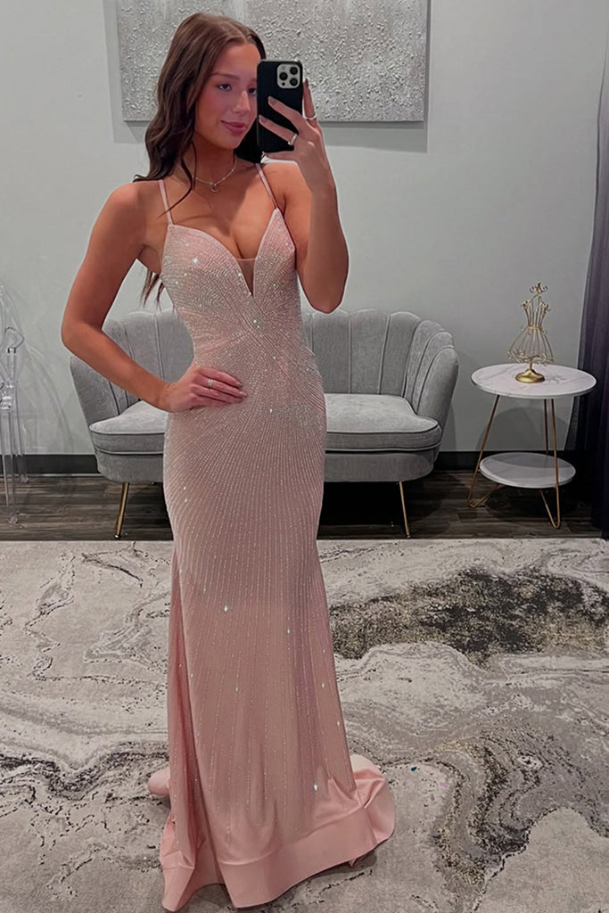 Long Mermaid Prom Dress with Beaded Glitter Light Pink Spaghetti Straps and Slit Long Mermaid Prom Dress with Beaded Glitter Light Pink Spaghetti Straps and Slit