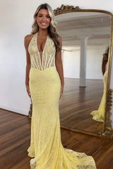 Long Mermaid Prom Dress with Yellow Lace Halter Neck Corset