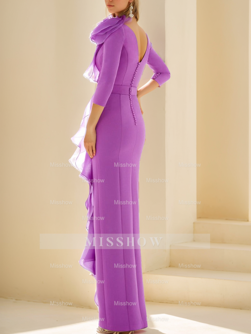 Long Mother of the Bride Dress with Ruffles 3/4 Sleeves and Floor-Length Sheath/Column Jewel Neck
