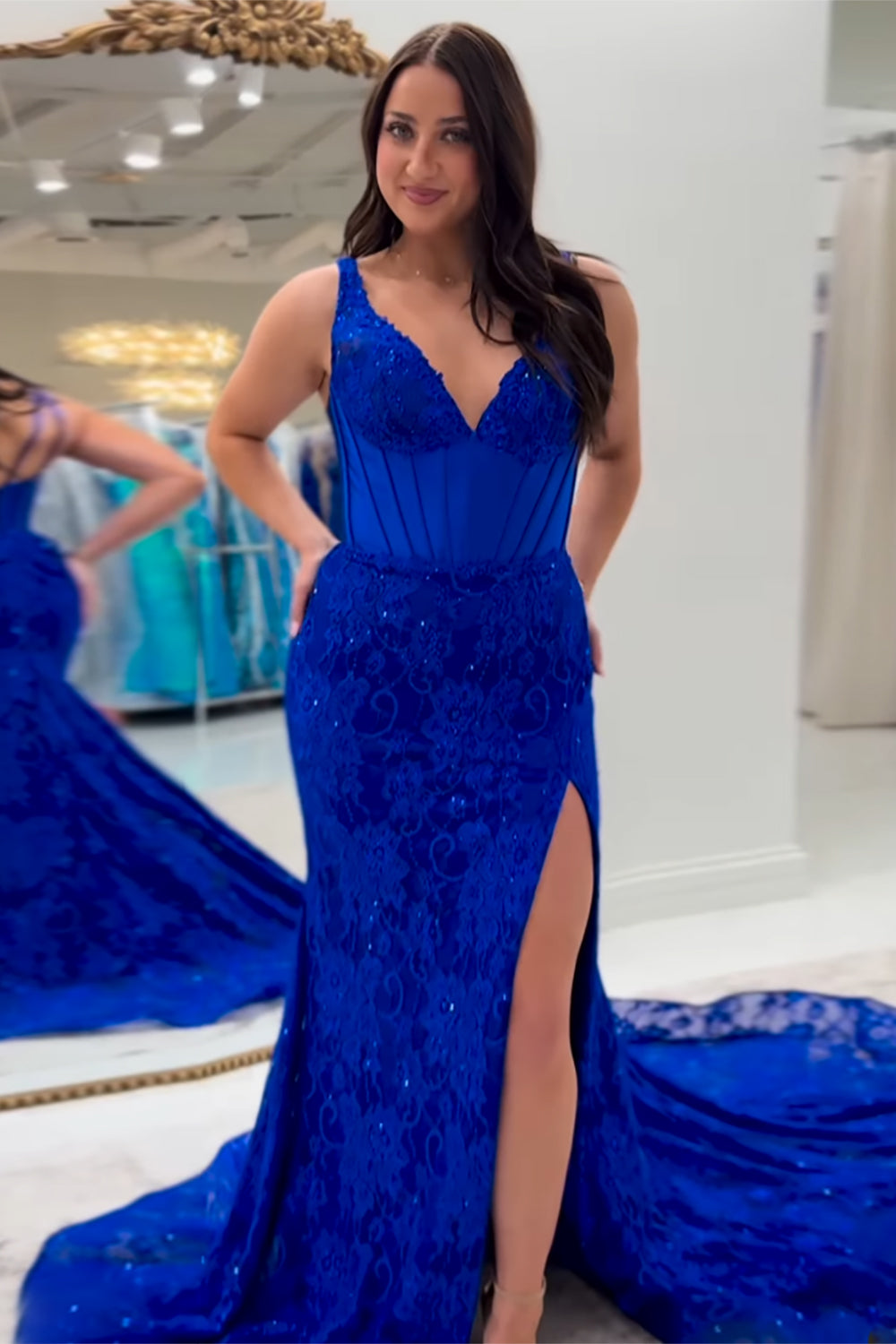 Long Navy Mermaid Corset Prom Dress with Spaghetti Straps and Lace Beading Long Navy Mermaid Corset Prom Dress with Spaghetti Straps and Lace Beading
