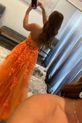 Long Orange Prom Dress with Sweetheart Neckline and Appliques