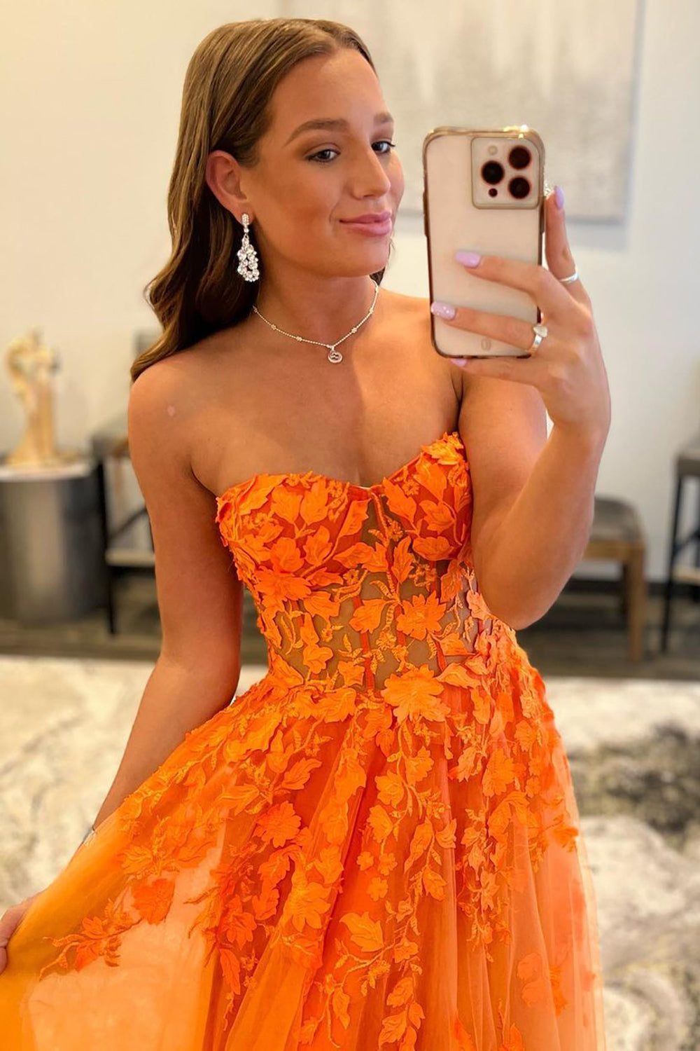 Long Orange Prom Dress with Sweetheart Neckline and Appliques