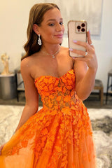 Long Orange Prom Dress with Sweetheart Neckline and Appliques