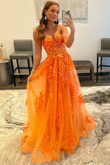 Long Orange Prom Dress with Sweetheart Neckline and Appliques