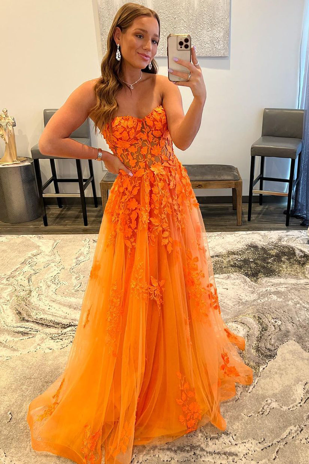 Long Orange Prom Dress with Sweetheart Neckline and Appliques