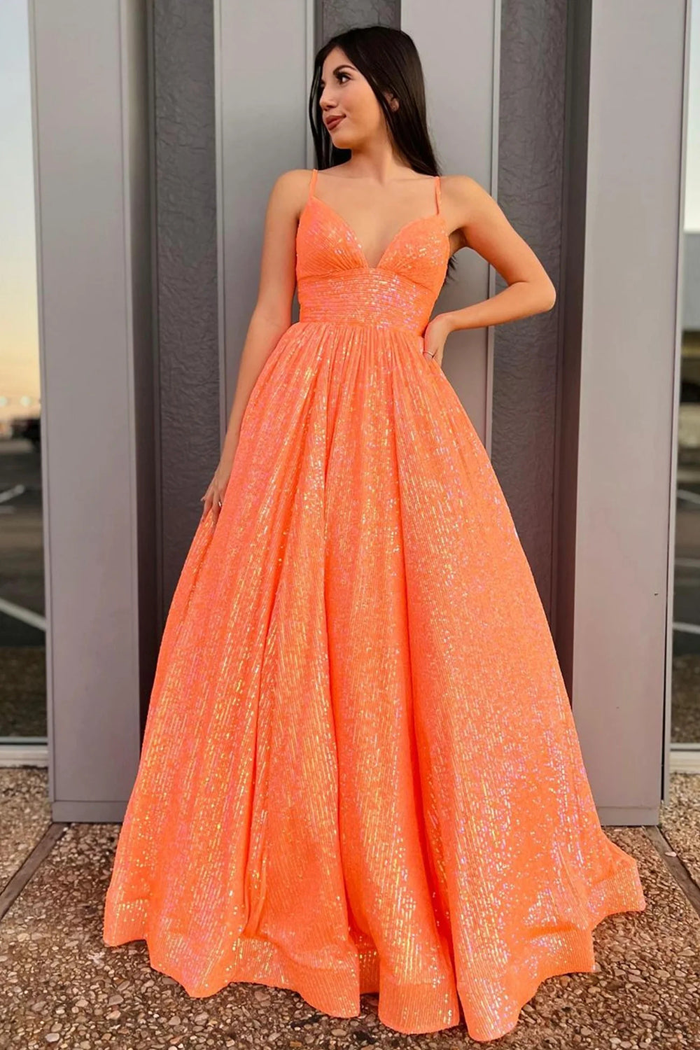 Long Orange Sequined Prom Dress with Spaghetti Straps in A-Line