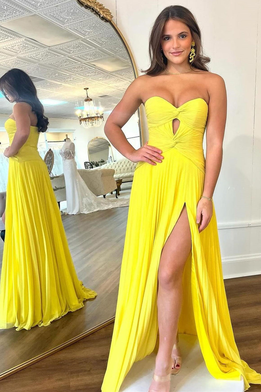 Long Pleated Fuchsia Prom Dress with Sweetheart Neckline Keyhole Detail and Slit