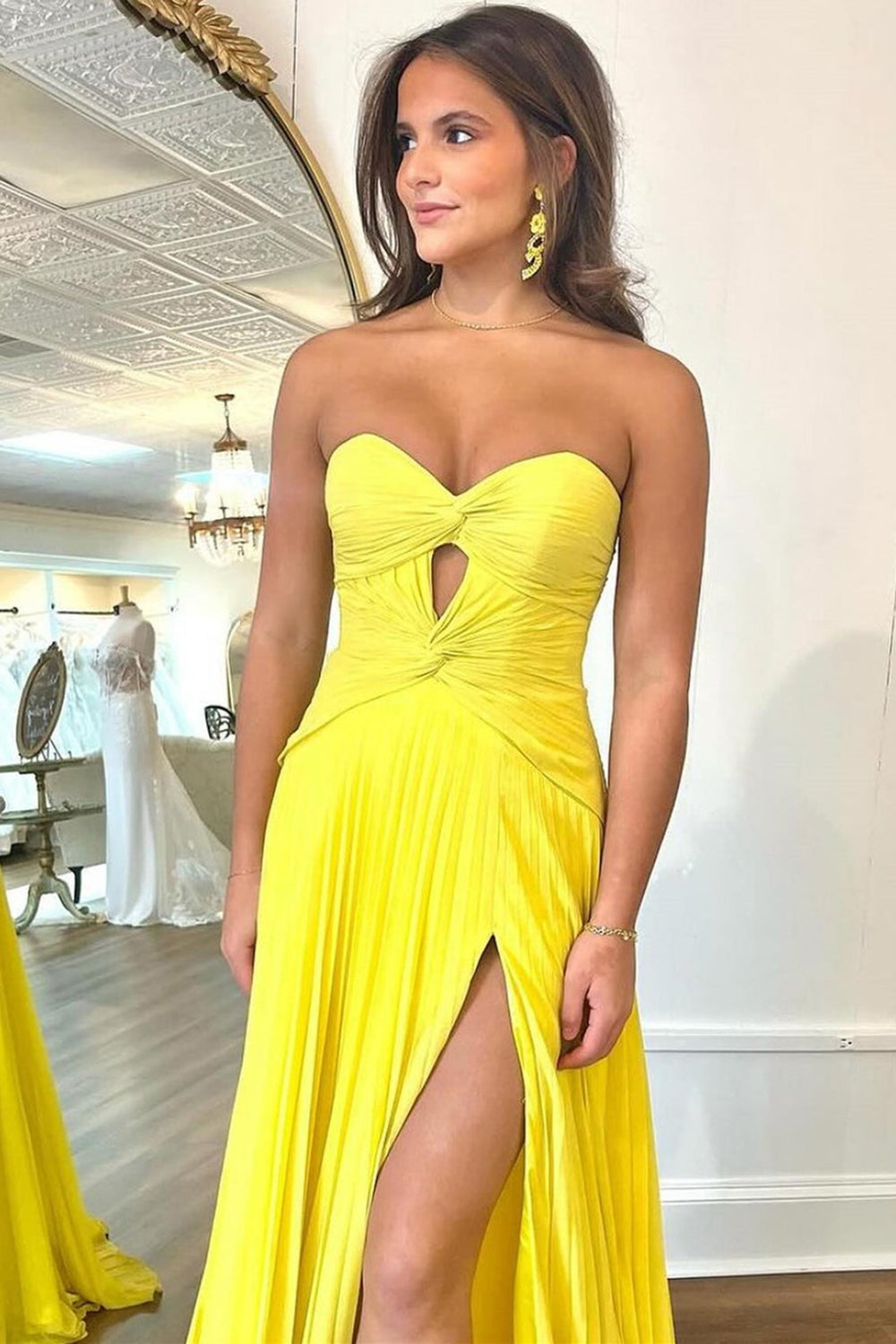 Long Pleated Fuchsia Prom Dress with Sweetheart Neckline Keyhole Detail and Slit
