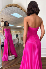 Long Pleated Fuchsia Prom Dress with Sweetheart Neckline Keyhole Detail and Slit
