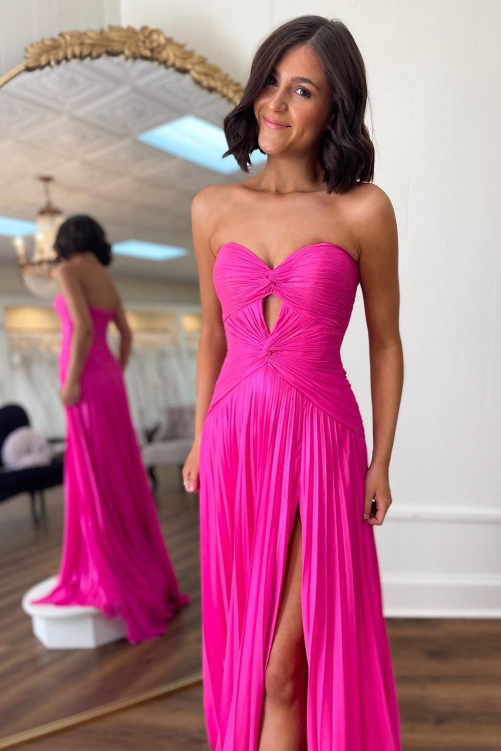 Long Pleated Fuchsia Prom Dress with Sweetheart Neckline Keyhole Detail and Slit