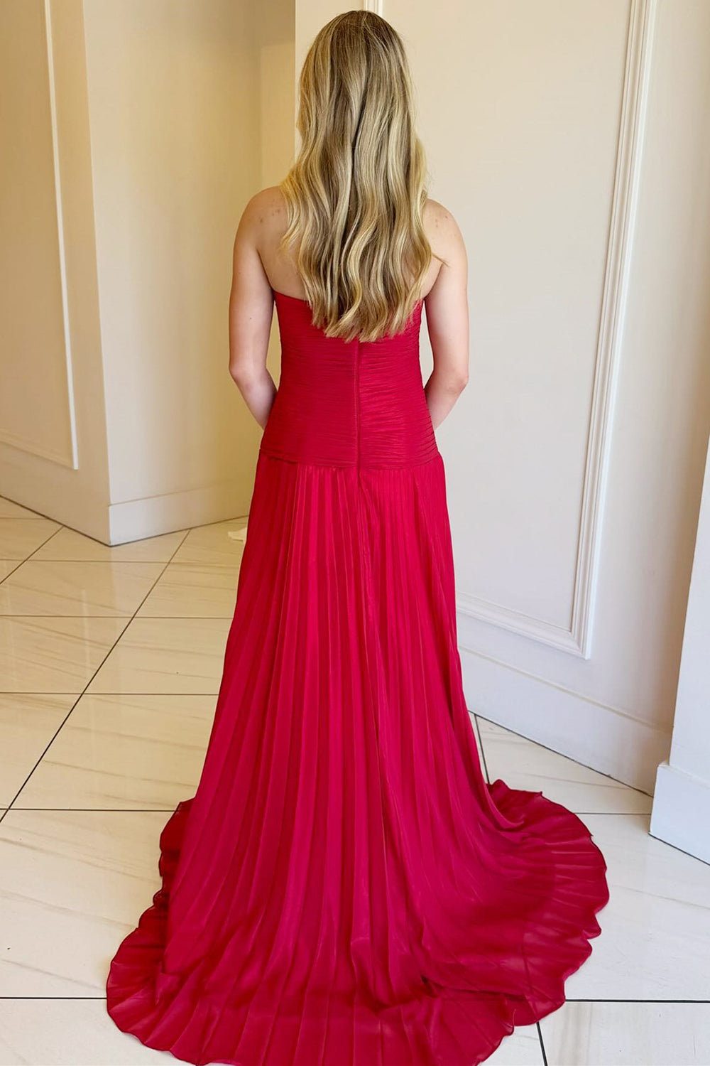 Long Pleated Fuchsia Prom Dress with Sweetheart Neckline Keyhole Detail and Slit