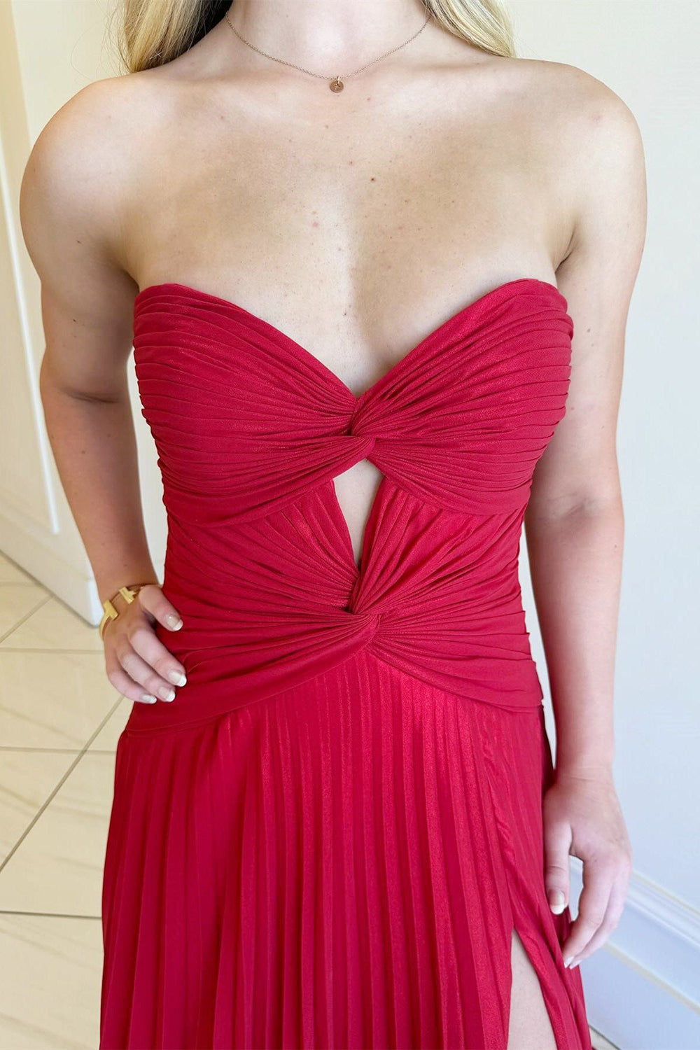 Long Pleated Fuchsia Prom Dress with Sweetheart Neckline Keyhole Detail and Slit