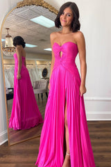 Long Pleated Fuchsia Prom Dress with Sweetheart Neckline Keyhole Detail and Slit