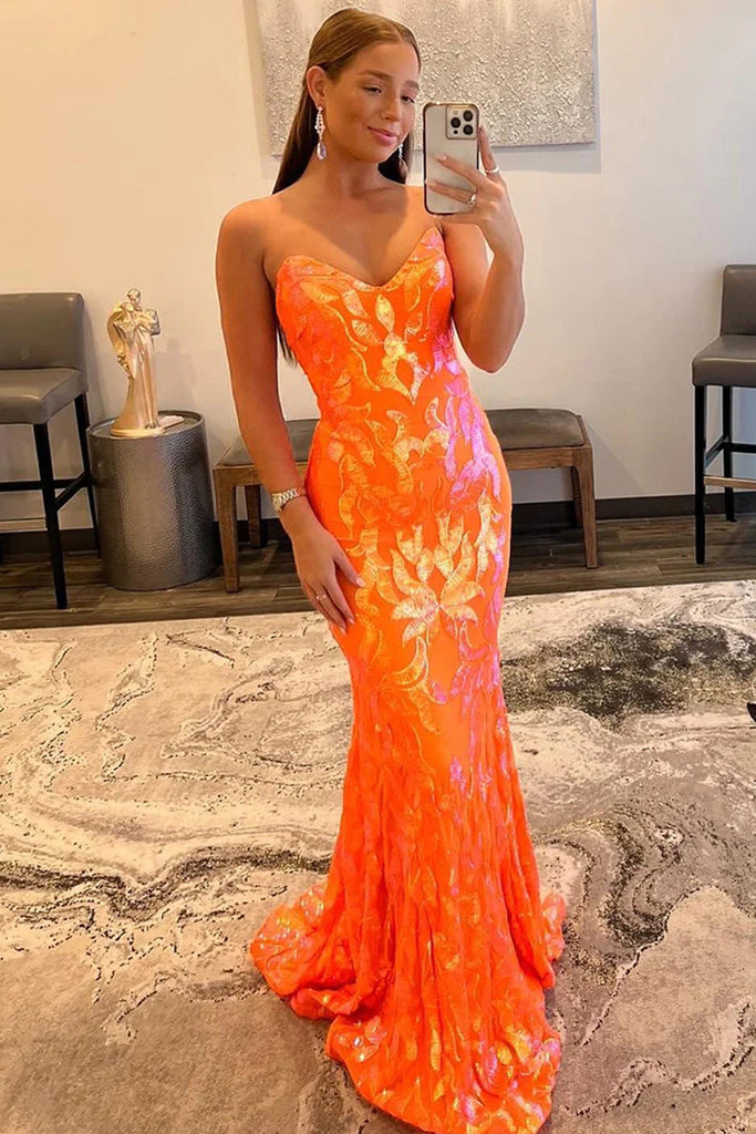 sparkly orange dress Long Prom Dress with Sparkly Orange Sequin Sweetheart Neckline and Lace-Up  Back – misshow.com
